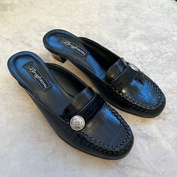 VTG Y2K *BRIGHTON* Eartha Black Italian Leather Kitten Heel Mules Sz 7.5 EUC! - Picture 1 of 8